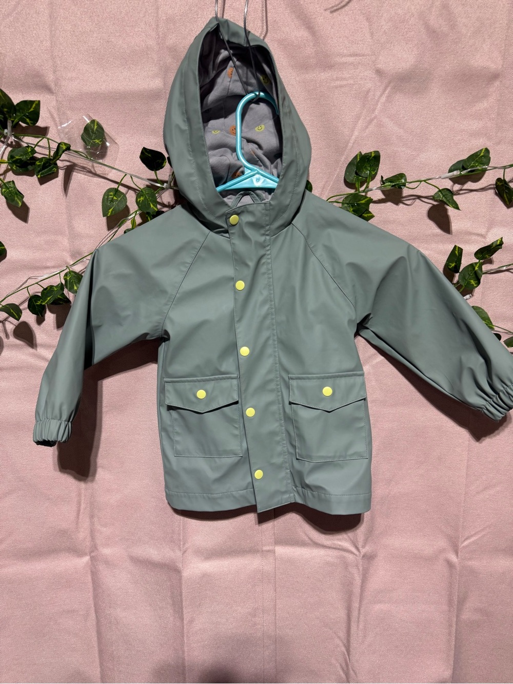 wonder nation Sage Green Hooded Raincoat with Yellow Snaps